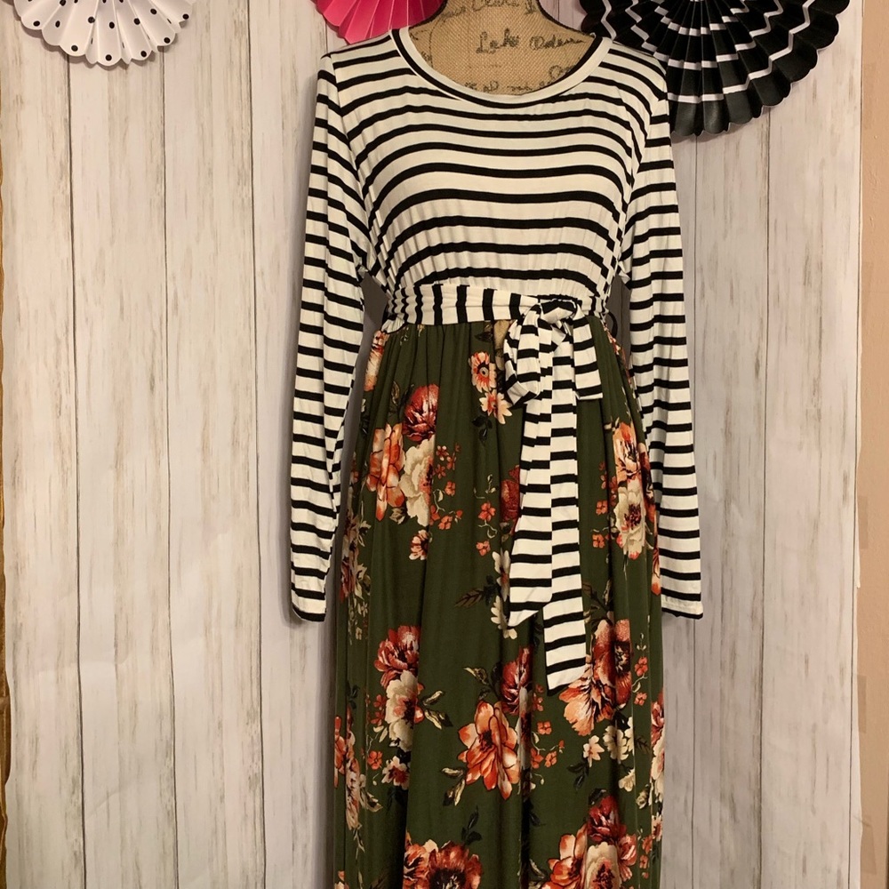 Olive floral & black, white stripe maxi dress